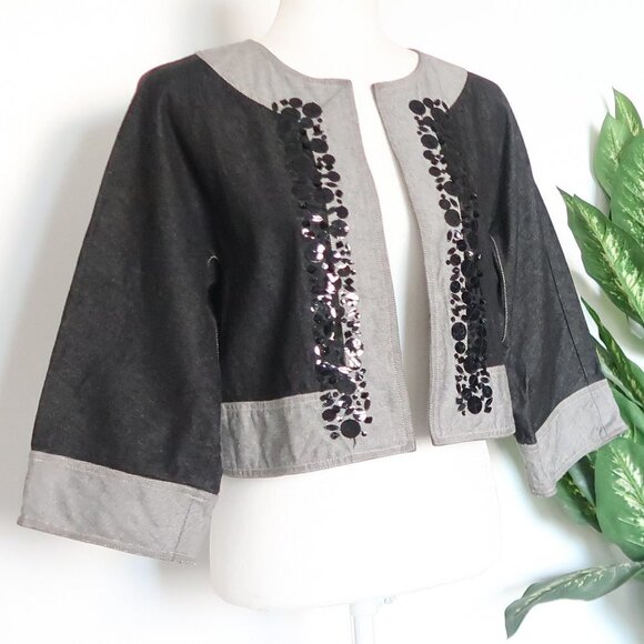 Kookai Black & Grey Jean Sequin Embellished Open Front Cropped Blazer Jacket XS - Picture 1 of 8